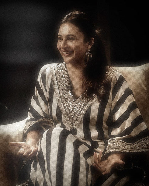 (Divyanka Tripathi) Gold Black Striped Kaftan Set
